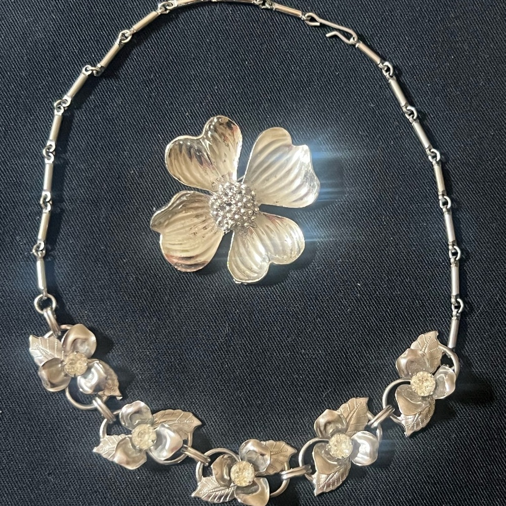 Vintage Silver Floral Necklace and Brooch Set